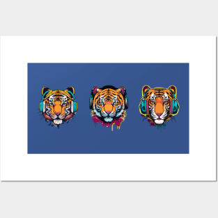 t-shirt design, colorful tiger with headphones on, graffiti art Posters and Art